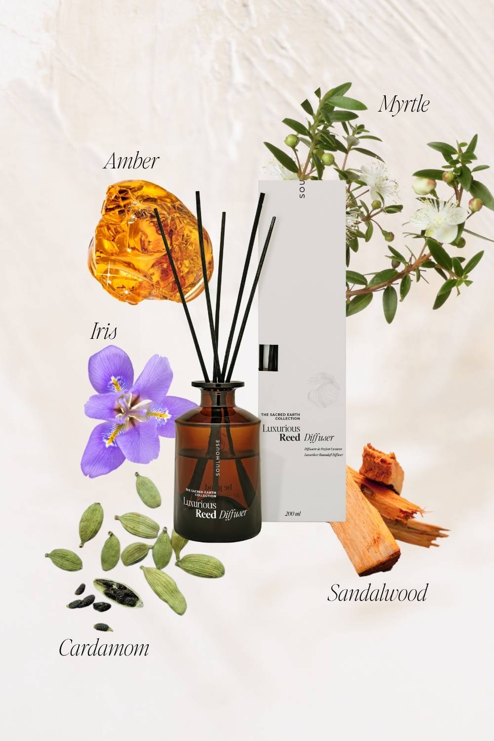 Luxurious Reed Diffuser - Scents - Myrtle - Amber - Iris - Cardamom - Sandalwood